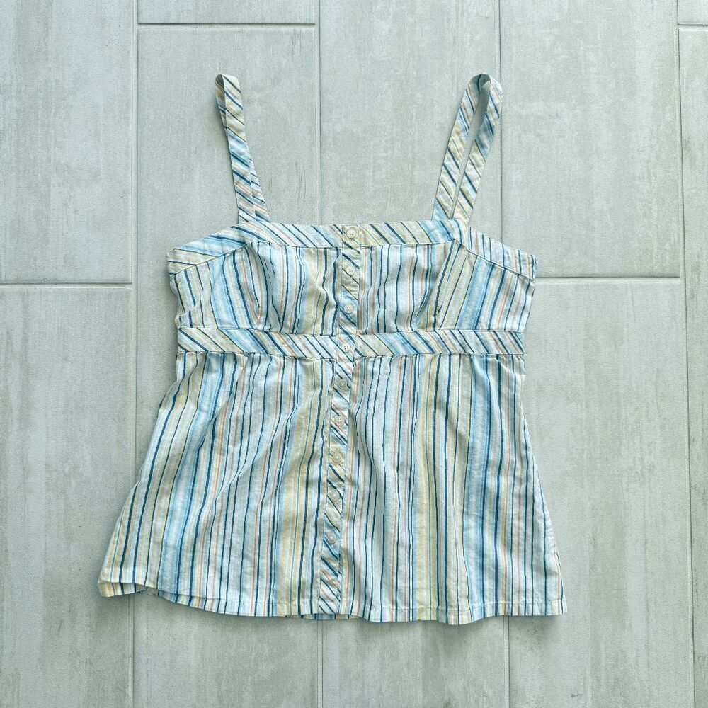 Ann Taylor Loft Sleeveless Top Tank Cotton Striped Blue Yellow White Button 6